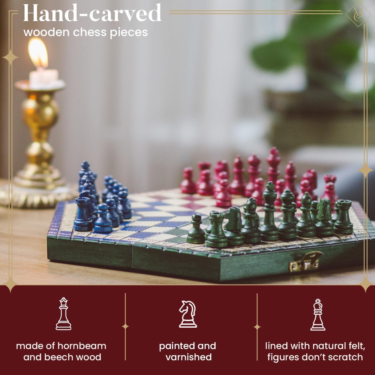 3-Player Wooden Travel Chess Set Hexagonal Board 28×33cm Handcrafted Game