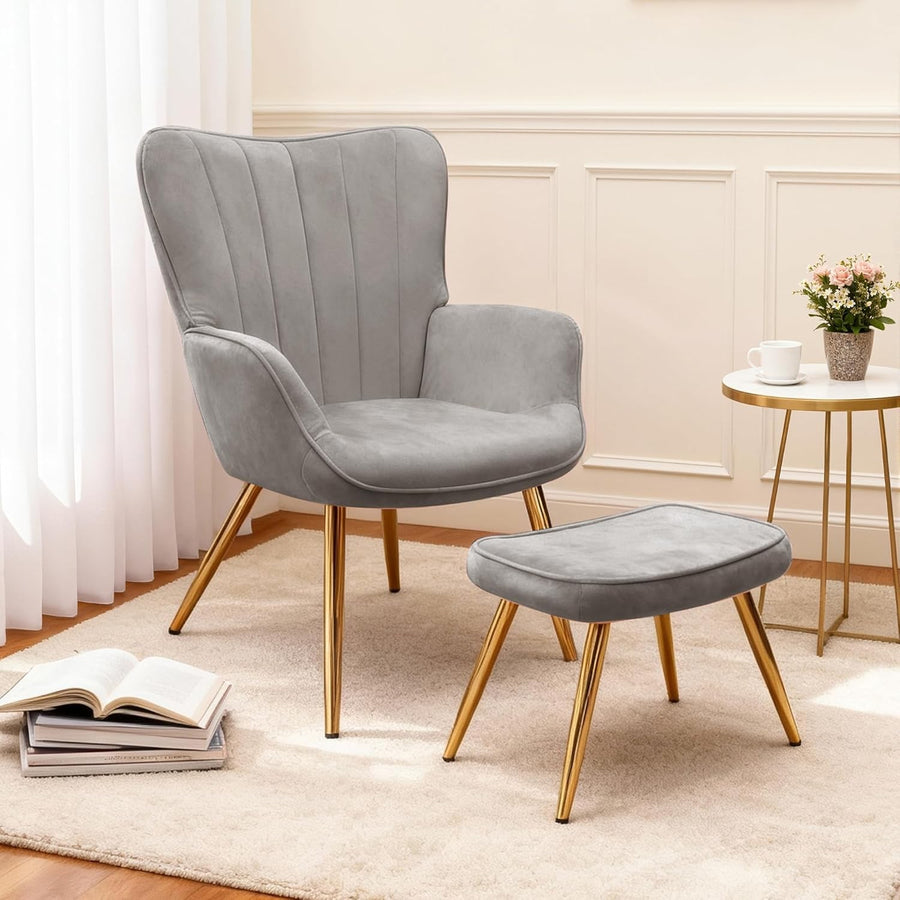 Wing Back Accent Armchair with Footstool Modern Lounge Chair Grey