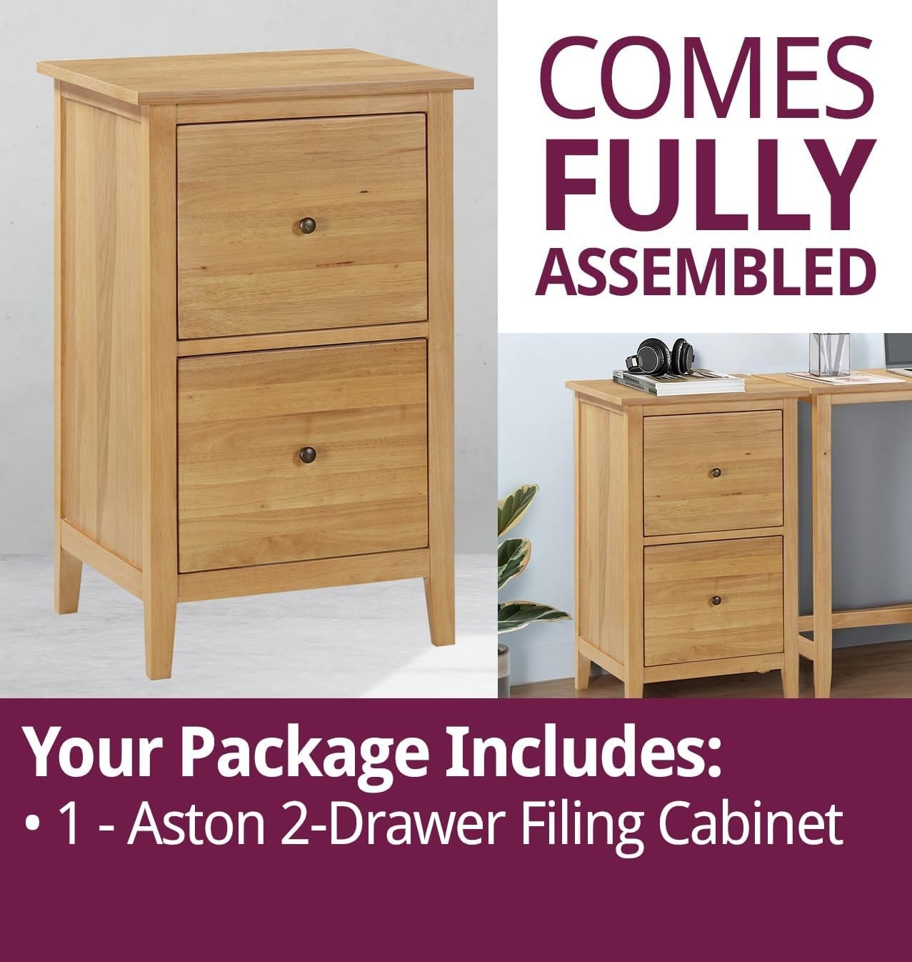 Oak Filing Cabinet 2 Drawer Wooden Office Pedestal Compact Storage