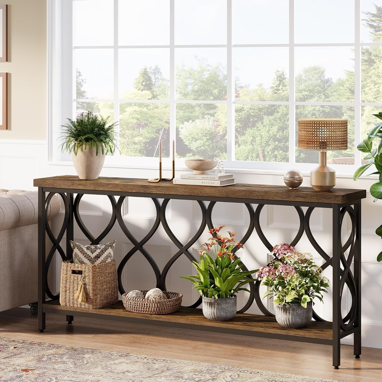 Industrial Console Table 90x90x40cm Rustic Brown 2-Tier Sofa Entryway