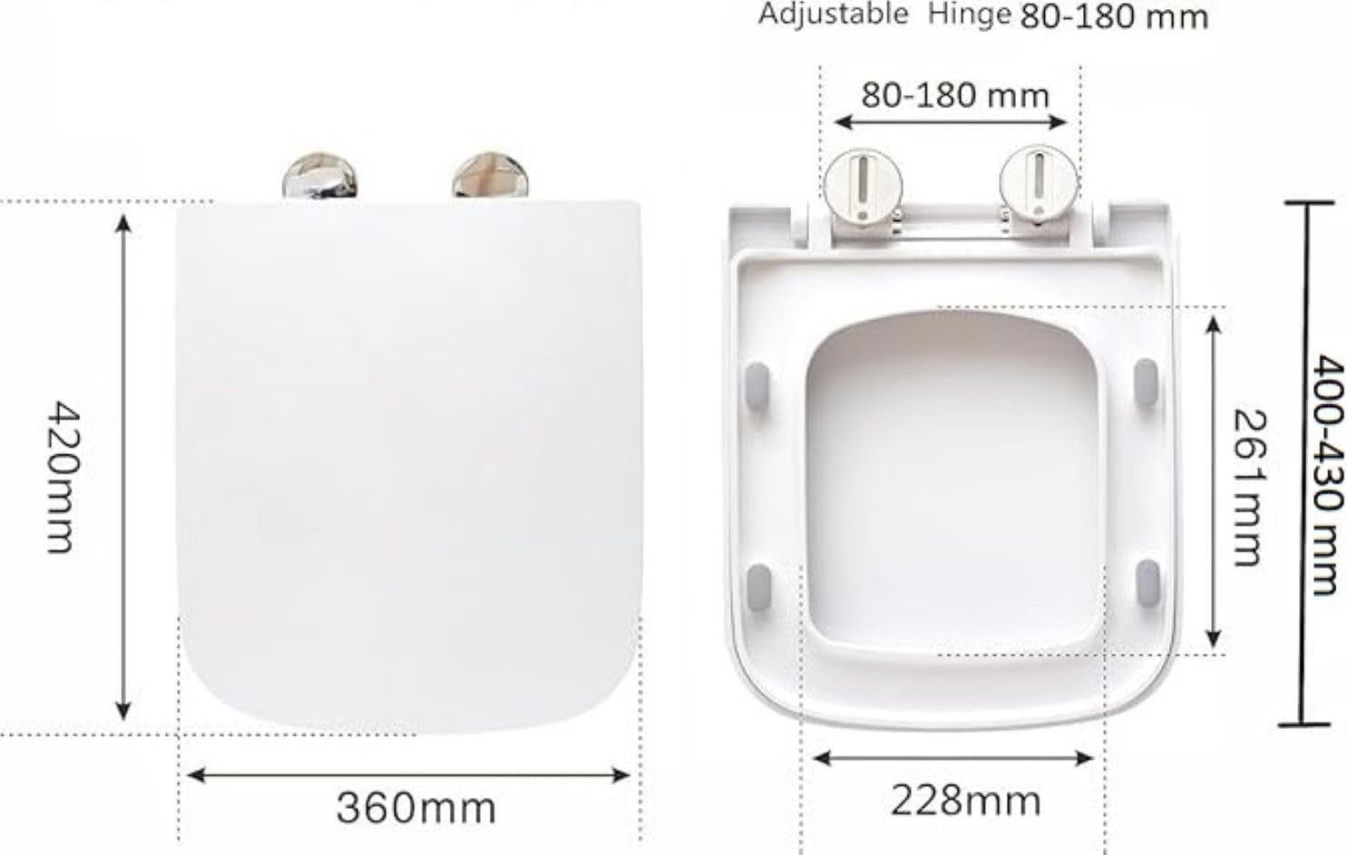 Square Toilet Seat Soft Close Quick Release Adjustable Hinges Easy Clean 42x36cm