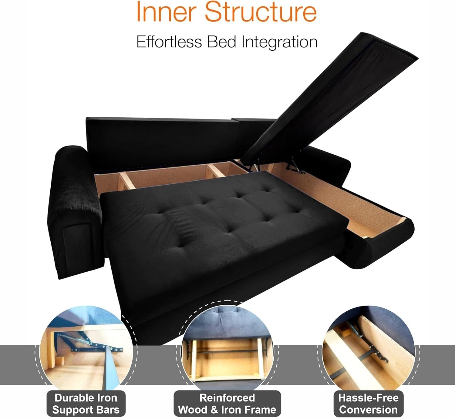 Convertible L Shape Sofa Bed with Storage – Velvet Sleeper Couch Black