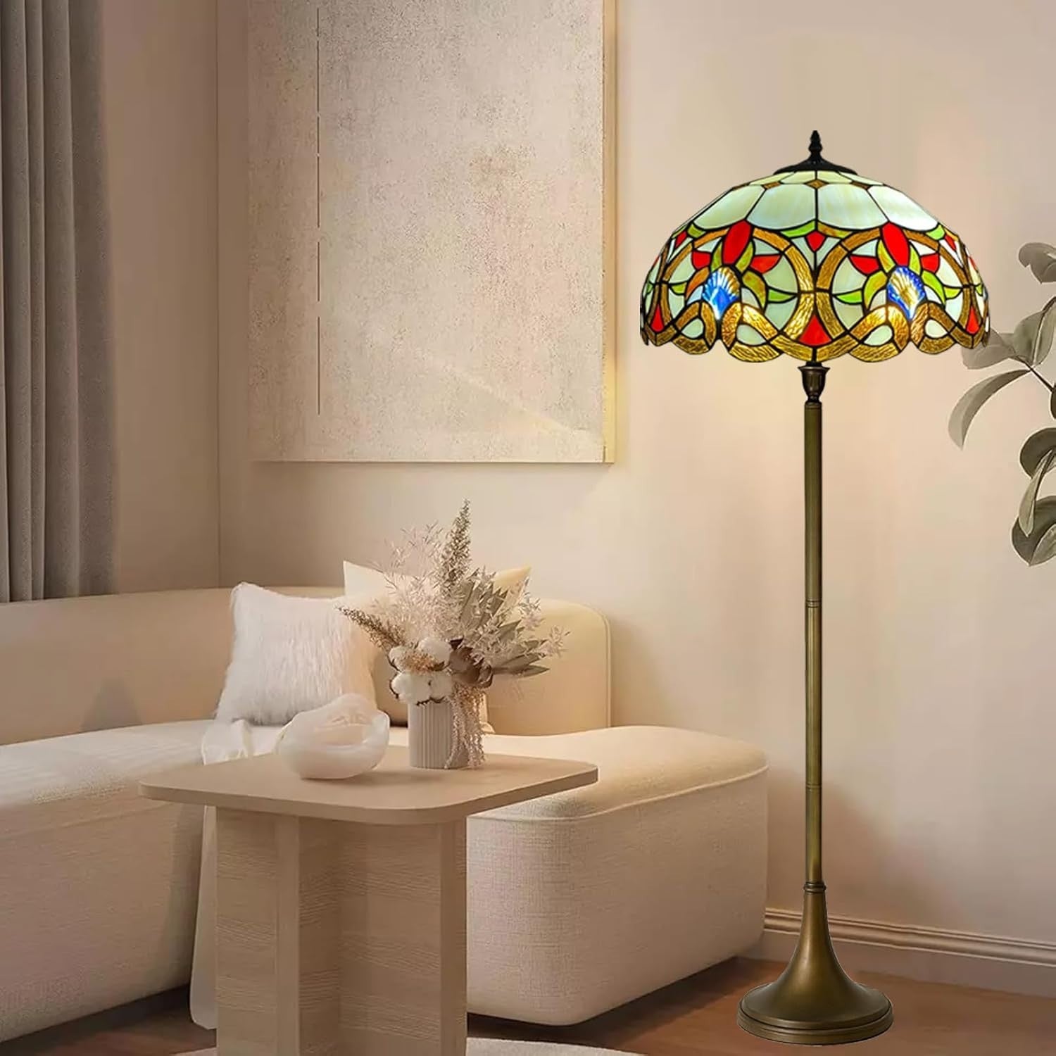 Antique Stained Glass Floor Lamp Handcrafted 16in Art Home Light