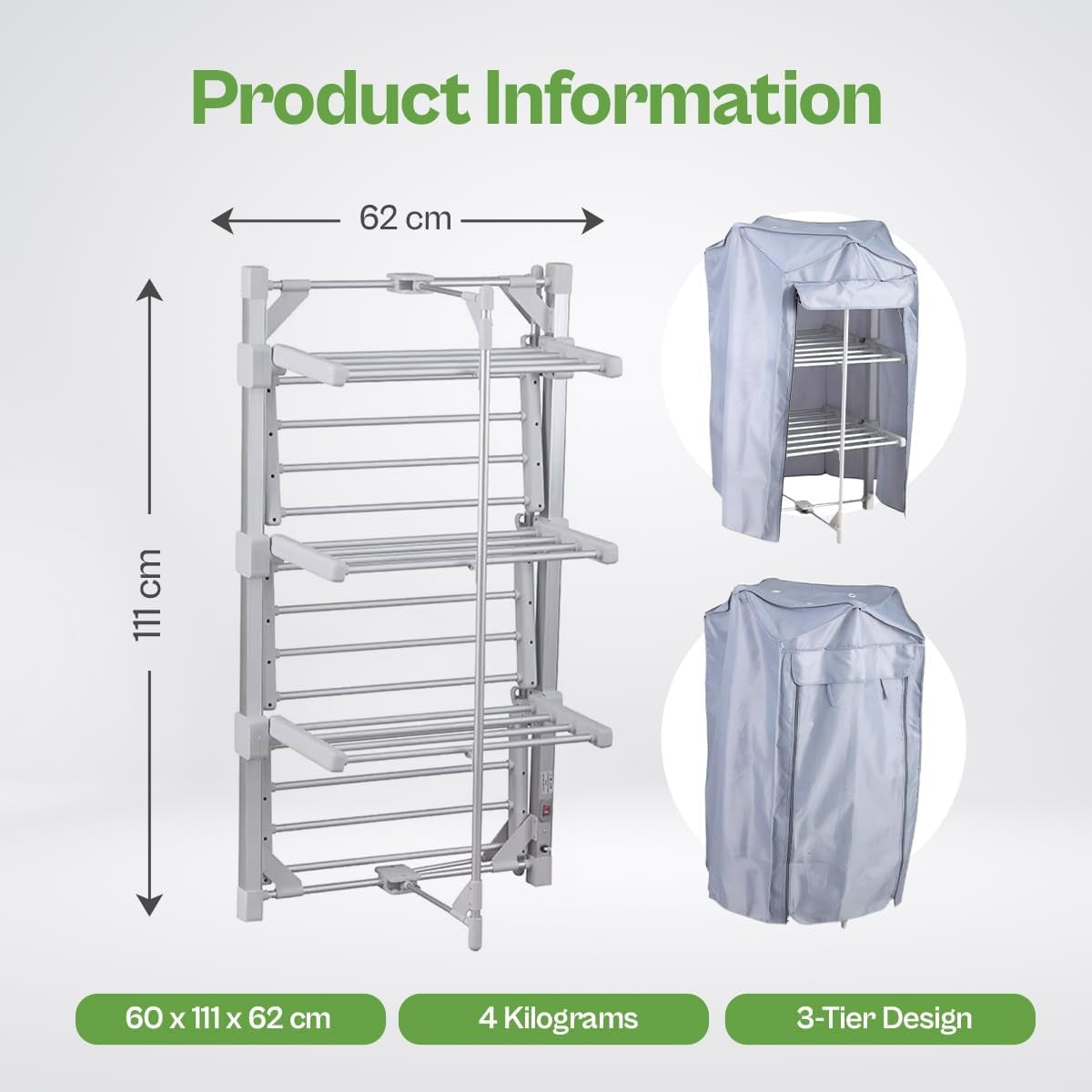 3 Tier Heated Clothes Airer with Cover Timer Folding Indoor Drying Rack