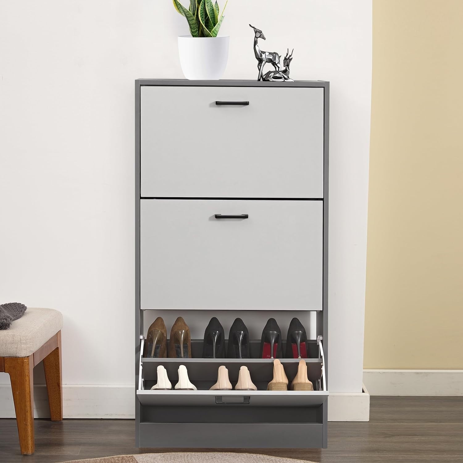 3 Drawer Shoe Storage Cabinet Grey Slim Pull Down Organiser Hallway Unit