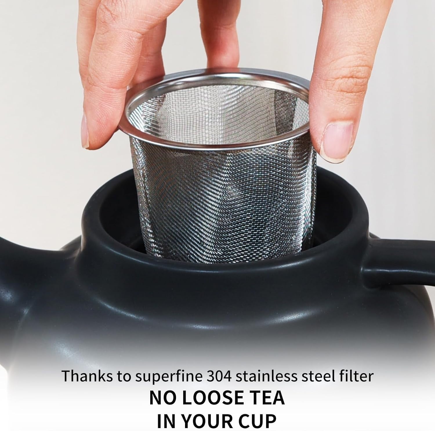 Large Ceramic Teapot 1500ml Black with Infuser Wood Lid Loose Leaf Tea