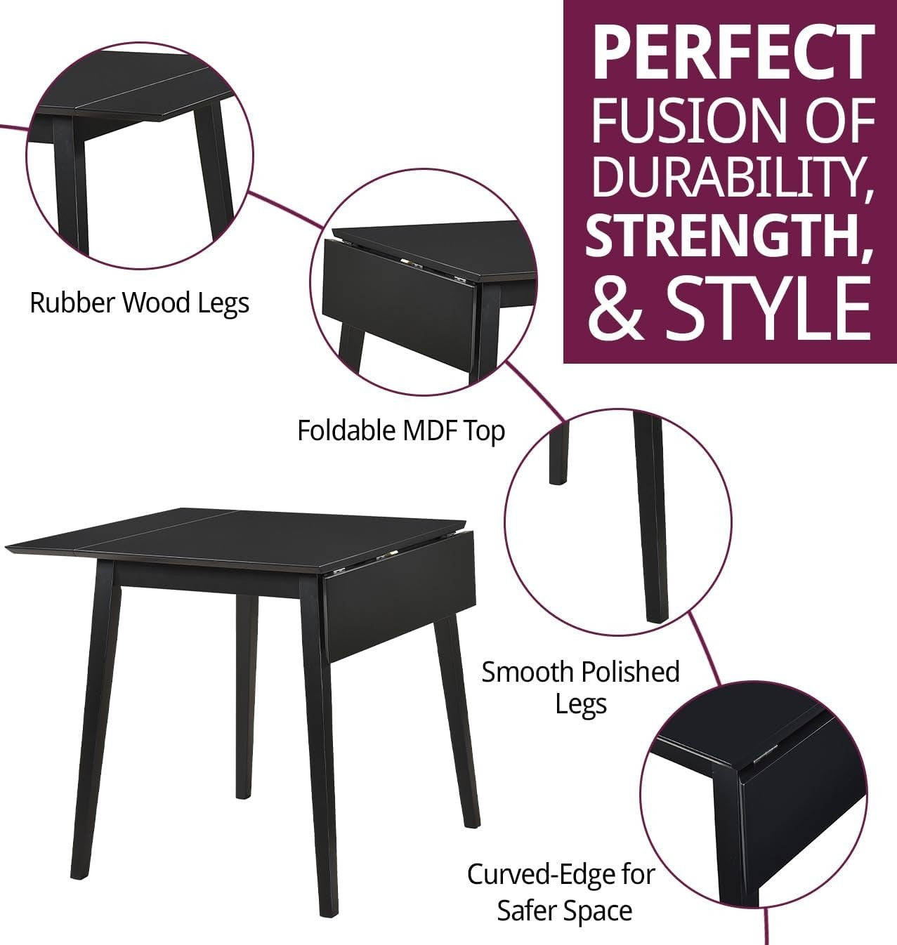 Small Black Drop Leaf Folding Dining Table Space-Saving Rectangular