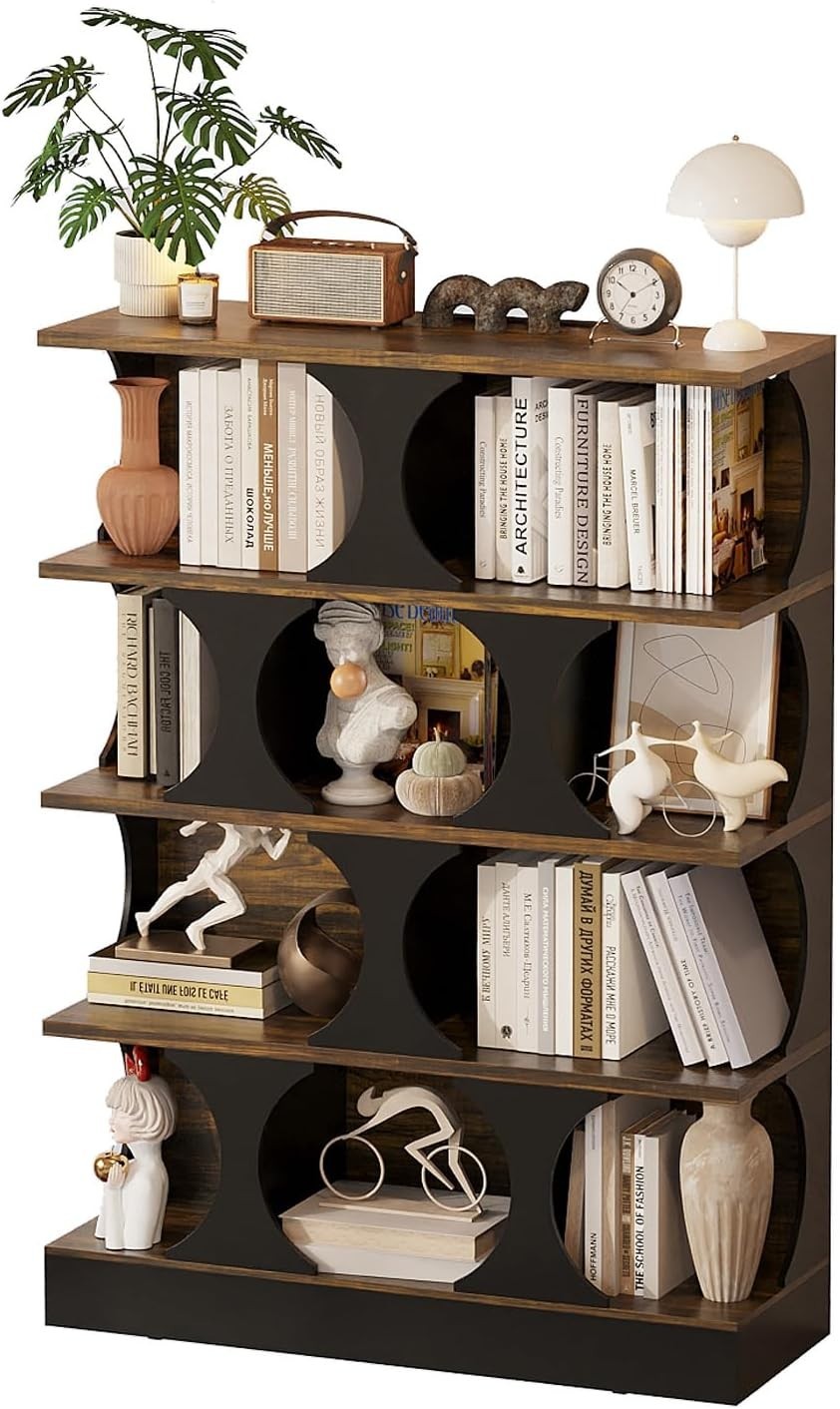 4 Tier Rustic Bookcase with Circular Shelves Industrial Storage Cabinet