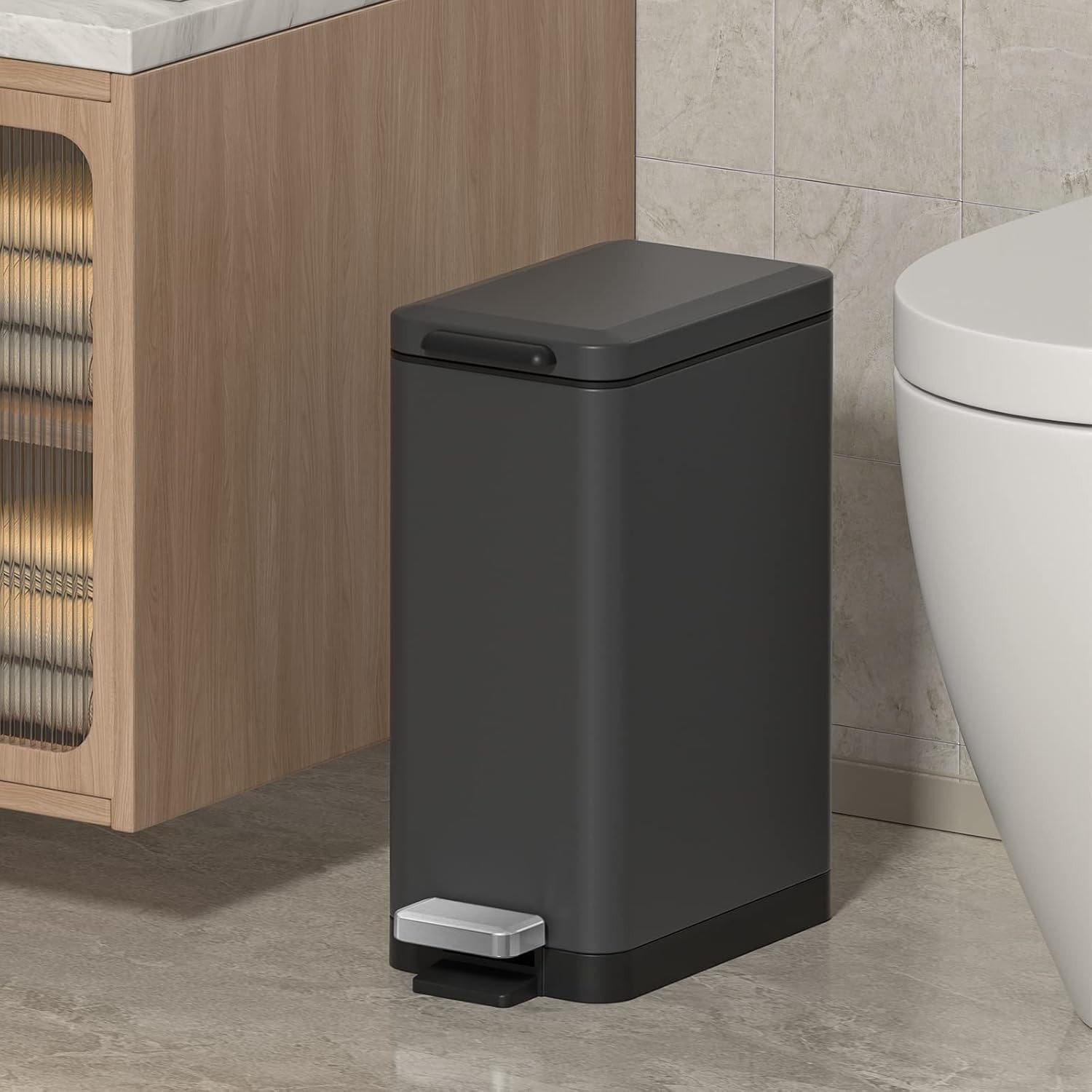 10L Slim Stainless Steel Step Trash Can Soft Close Pedal Bin Grey