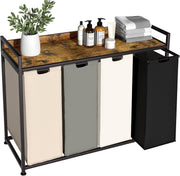 4 Section Laundry Hamper with Shelf Removable Bags Wheels Rustic Brown 240L