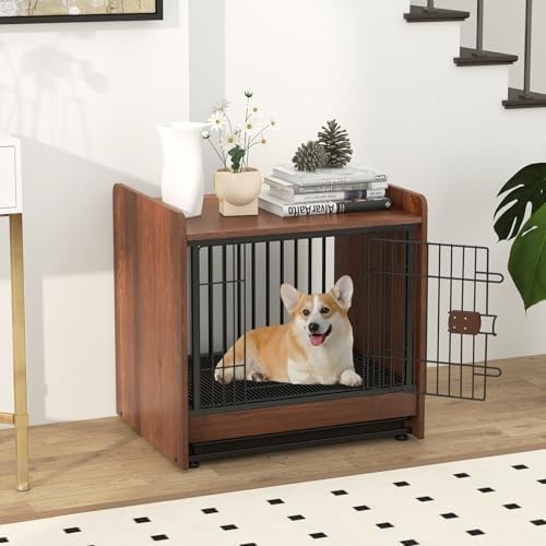 Wooden Dog Crate Furniture with Lockable Door, Tray & Foot Pads for Small Dogs