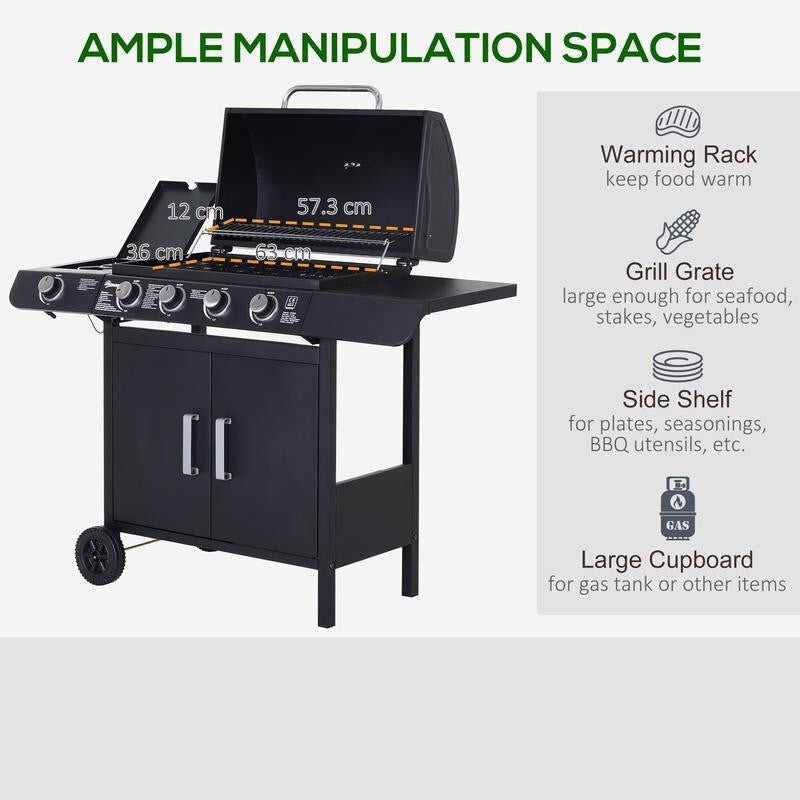 4+1 Gas BBQ Grill w/ Side Burner, Smoker Lid, Storage Cabinet & Wheels
