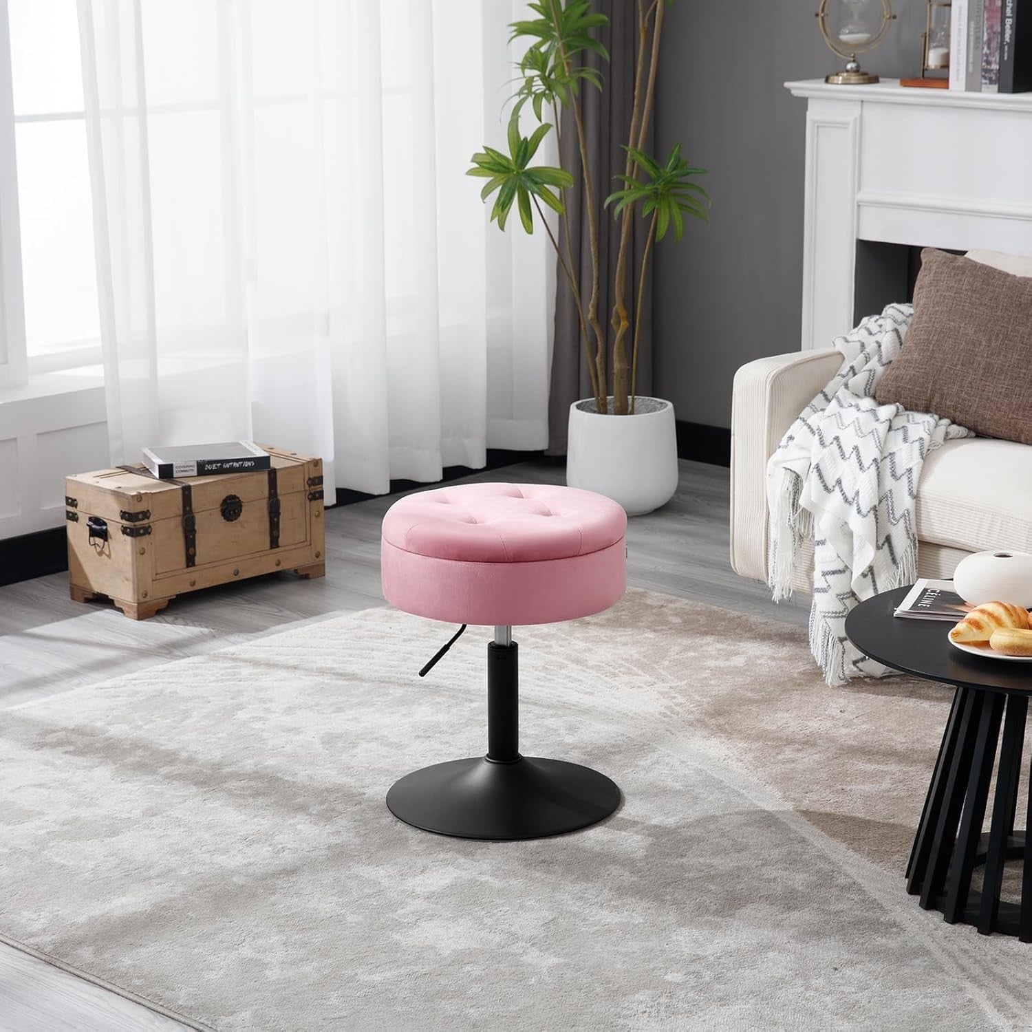 Pink Velvet Swivel Vanity Stool with Storage Round Adjustable Makeup Seat
