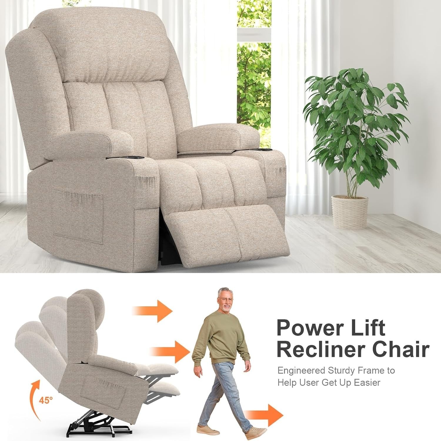 Power Lift Recliner Chair Massage Heat w/ Footrest USB Ports Cup Holders Cream