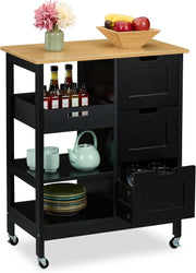 Rolling Kitchen Island Cart with 3 Drawers, Shelves & Wood Top, Black/Natural