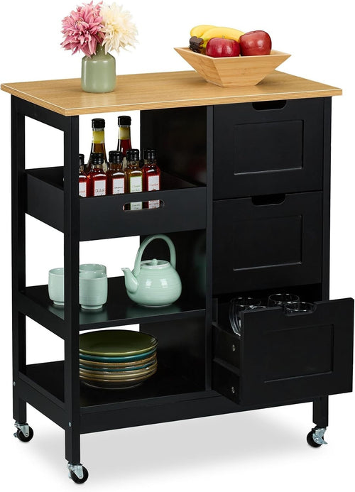 Rolling Kitchen Island Cart with 3 Drawers, Shelves & Wood Top, Black/Natural