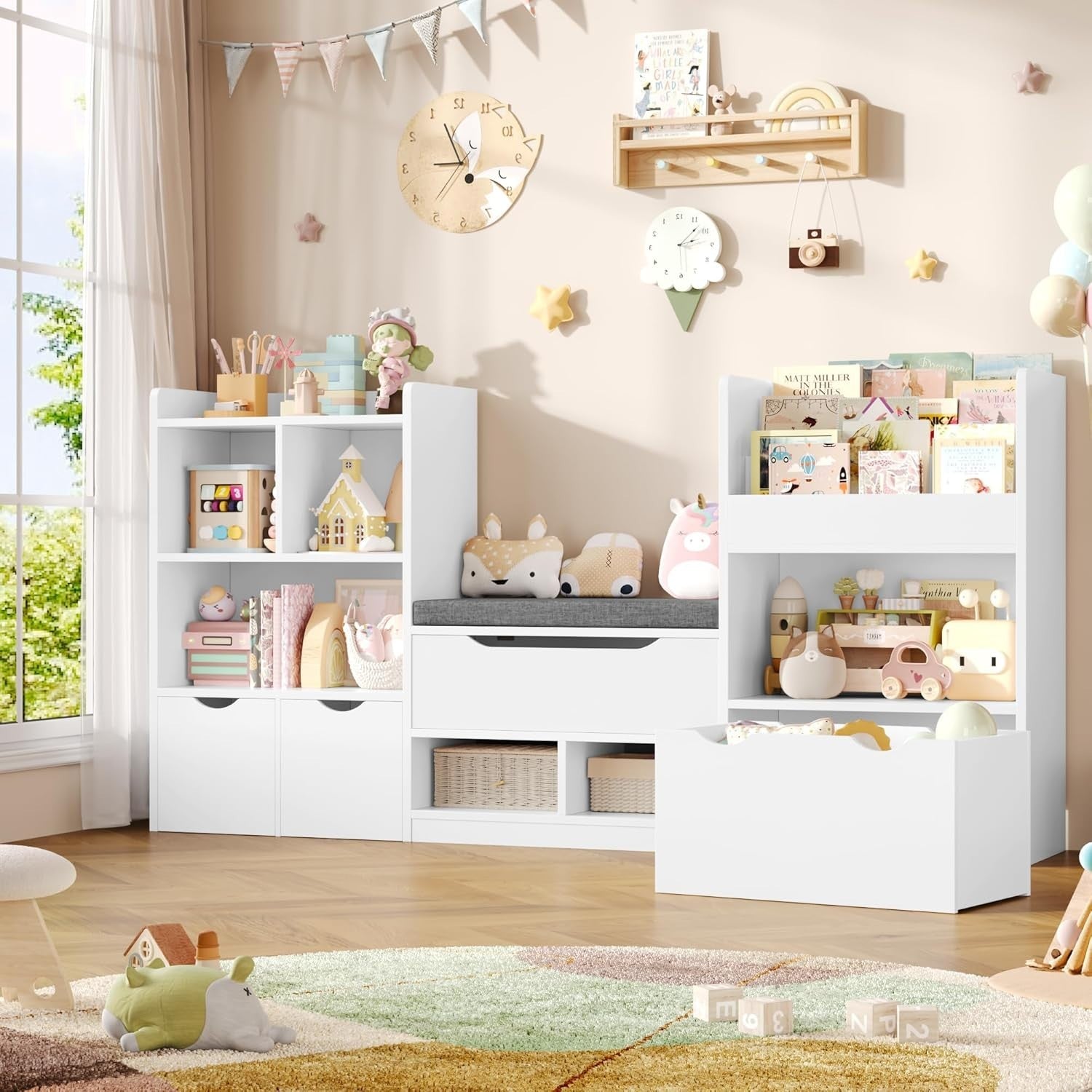Kids Toy Storage Unit with Bench, 3 Drawers & 7 Shelves – White Organizer