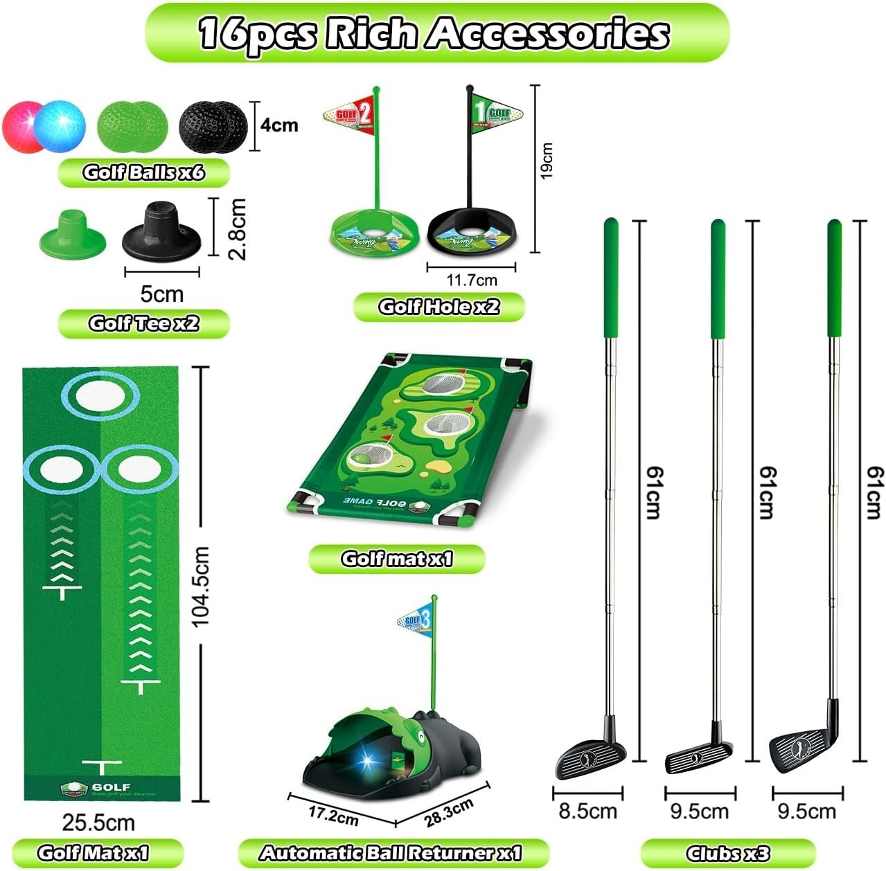 Kids Golf Set Dinosaur Putting Mat Auto Ball Return Indoor Outdoor Toy
