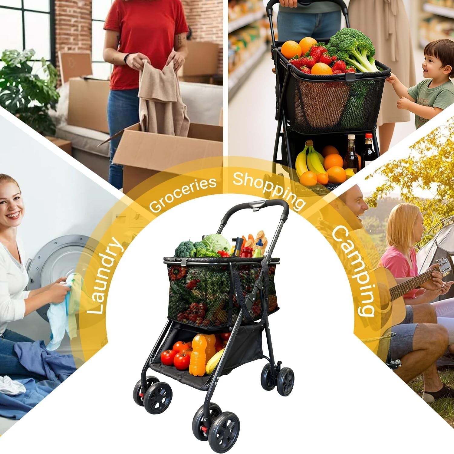 40-Gallon Folding Shopping Cart 360° Wheels Detachable Baskets Portable