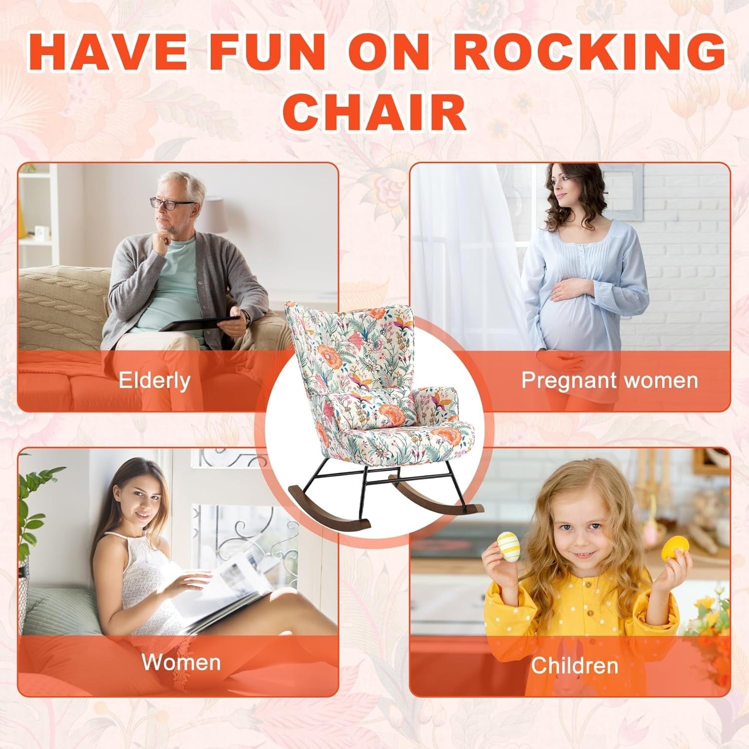 Floral Rocking Chair with Lumbar Support – Comfy Wood Accent Armchair 90cm