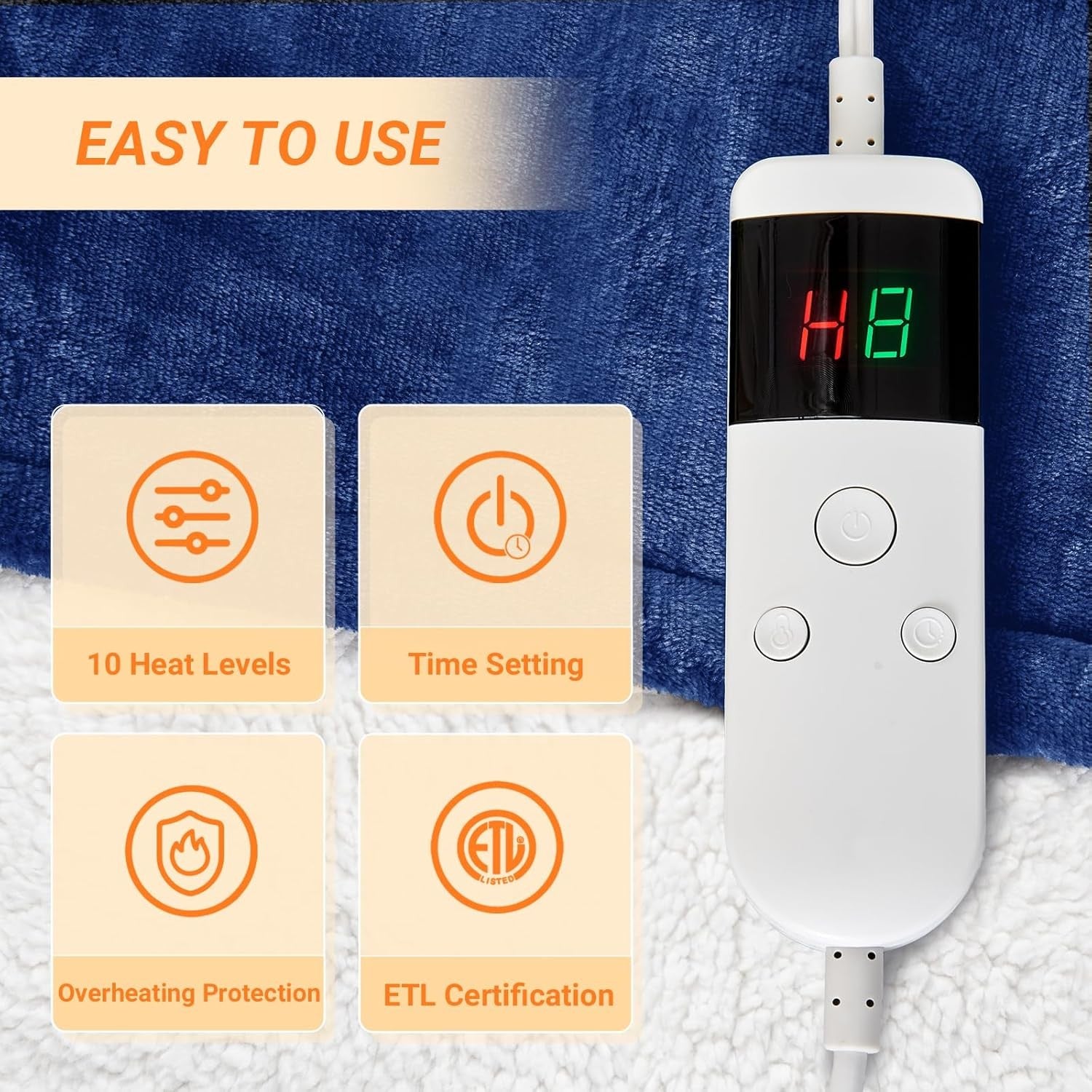 Double Electric Heated Blanket Dual Control 10 Heat Levels Auto 180x200cm