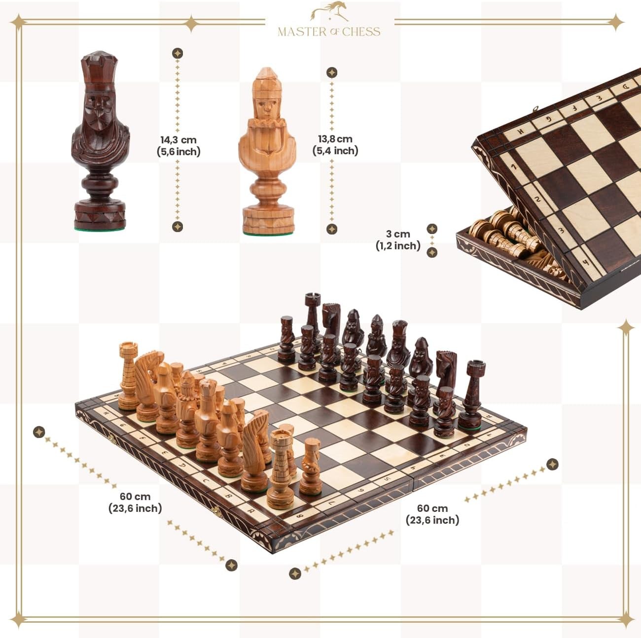 60cm Luxury Inlaid Wooden Chess Set – Large Folding Board & Weighted Pieces