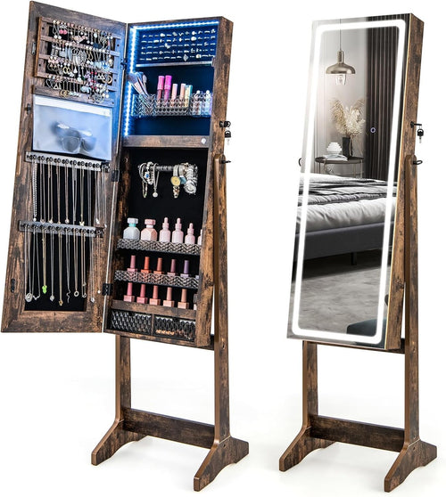 Rustic Brown LED Jewellery Armoire Adjustable Full Length Mirror Lockable