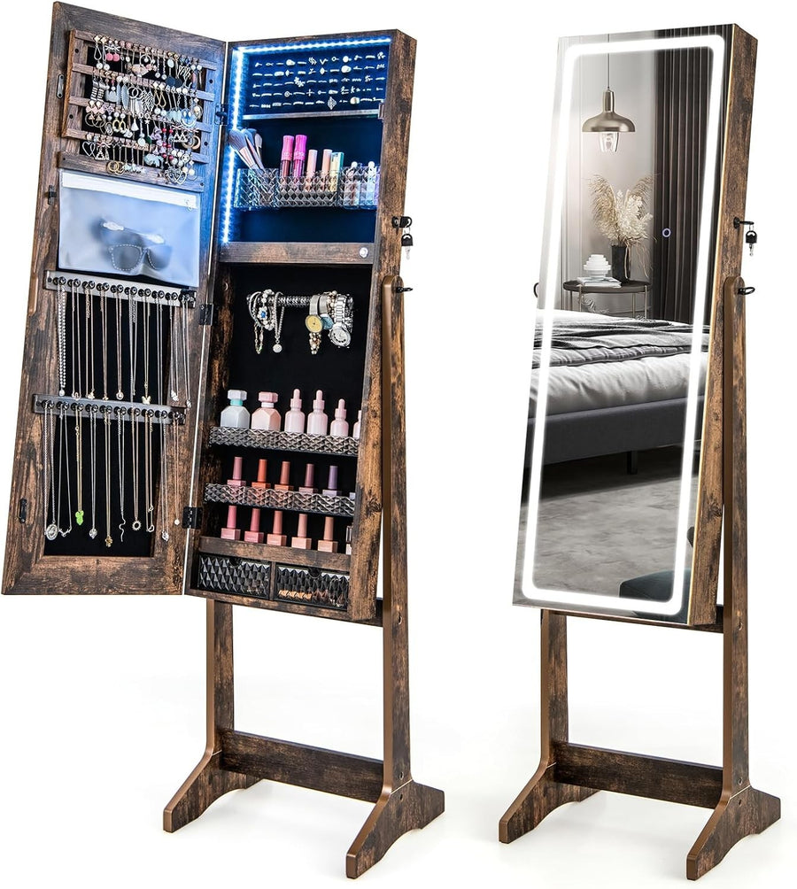 Rustic Brown LED Jewellery Armoire Adjustable Full Length Mirror Lockable