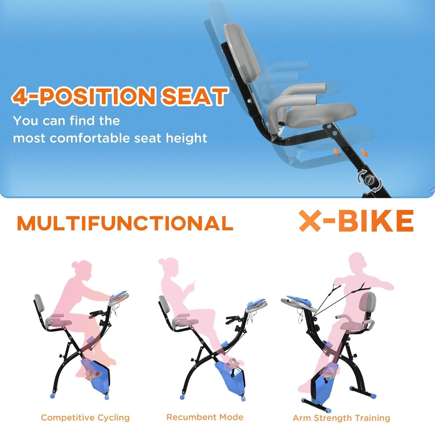 Light Blue 3-in-1 Folding Exercise Bike Magnetic Resistance LCD Pulse Bands