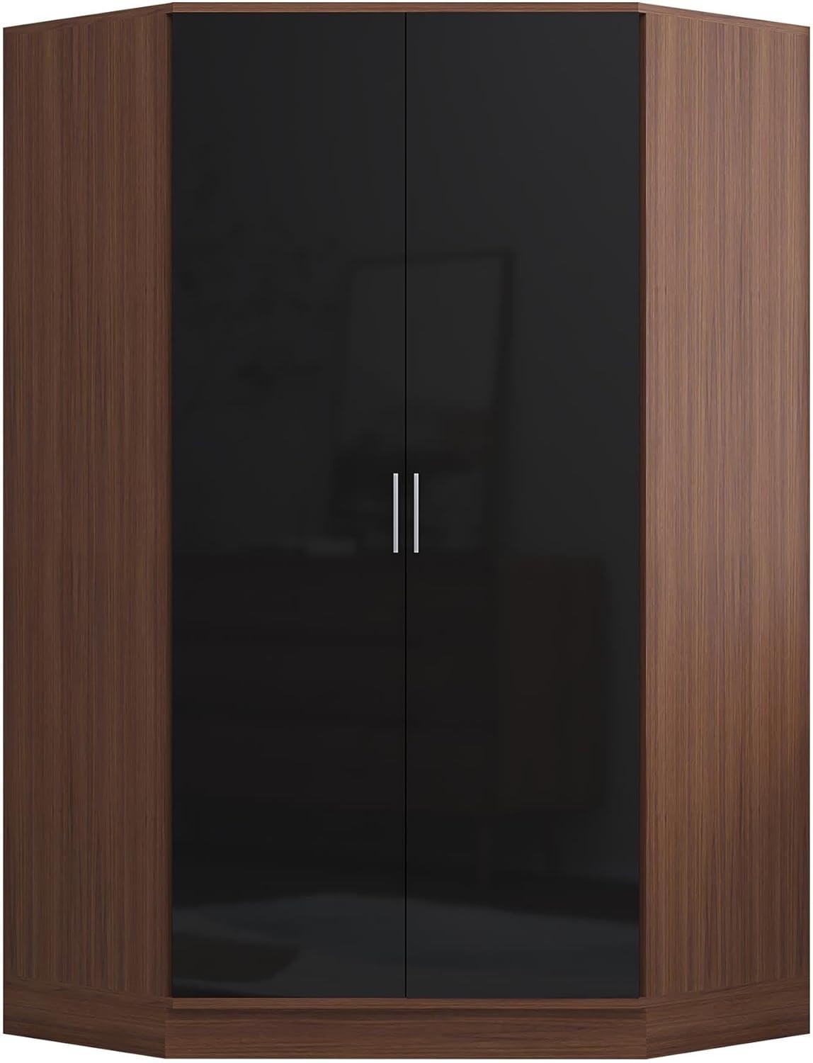 Modern Corner Wardrobe with Black Gloss & Walnut | 2 Doors, 8 Shelves & Rails