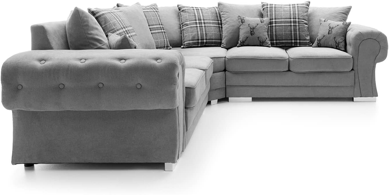Grey L Shape Corner Sofa 5 Seater with Luxury Foam Cushions & Chrome Legs