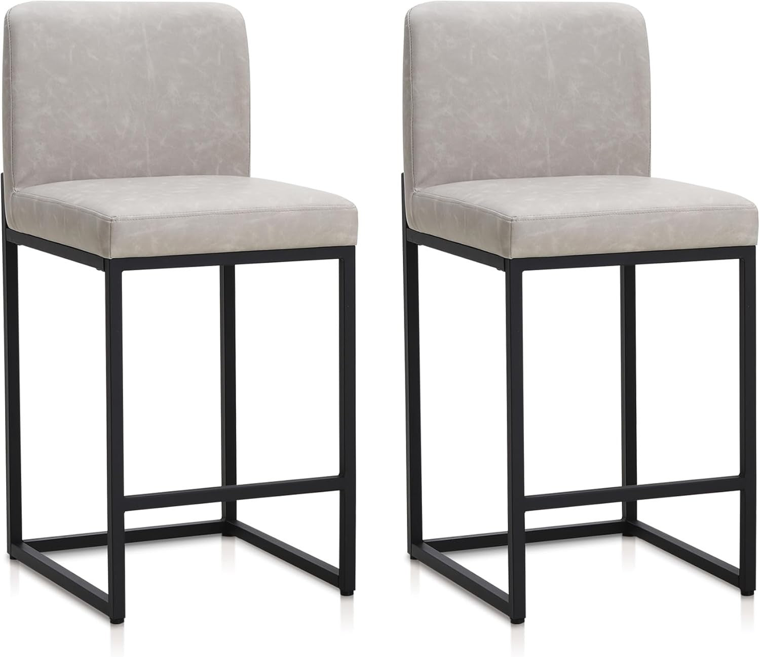 Beige PU Leather Bar Stool Set of 2 Square Cushioned Kitchen Counter Chairs
