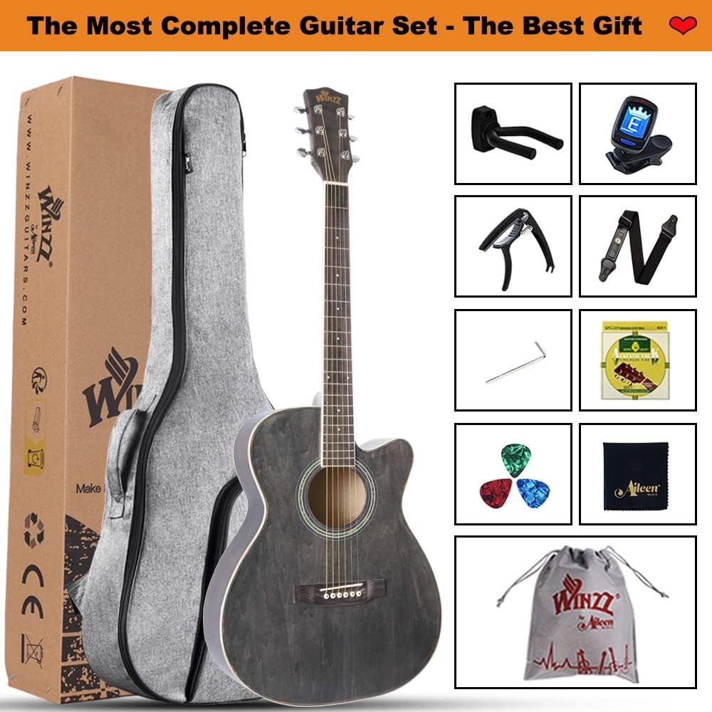 3/4 Acoustic Guitar 36in Cutaway Starter Kit Black Grey