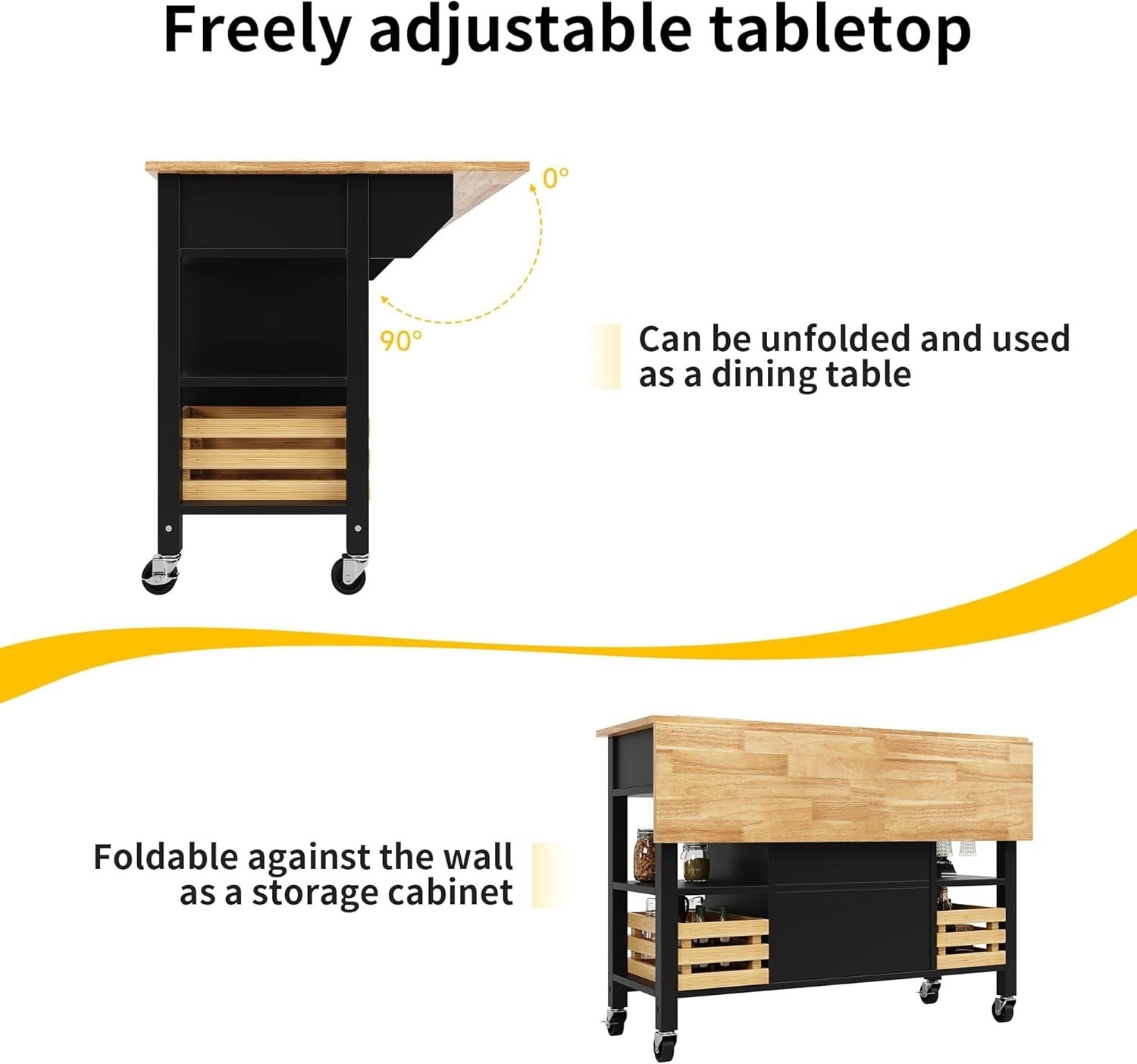 Kitchen Island on Wheels with Drawers, Wine Rack & Fold-Out Worktop
