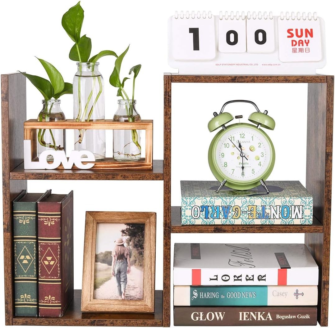 Adjustable Brown Desktop Bookshelf 3-Tier Desk Organizer Storage Shelf
