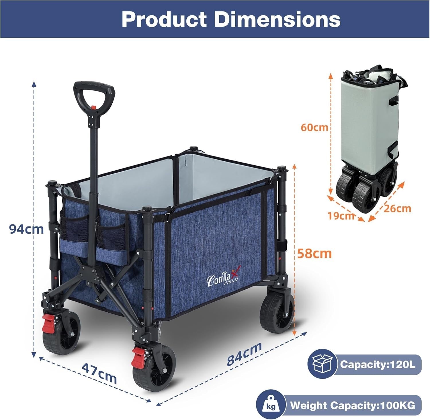 120L Folding Festival Trolley 100kg Capacity Beach Camping Wagon Wheels Blue