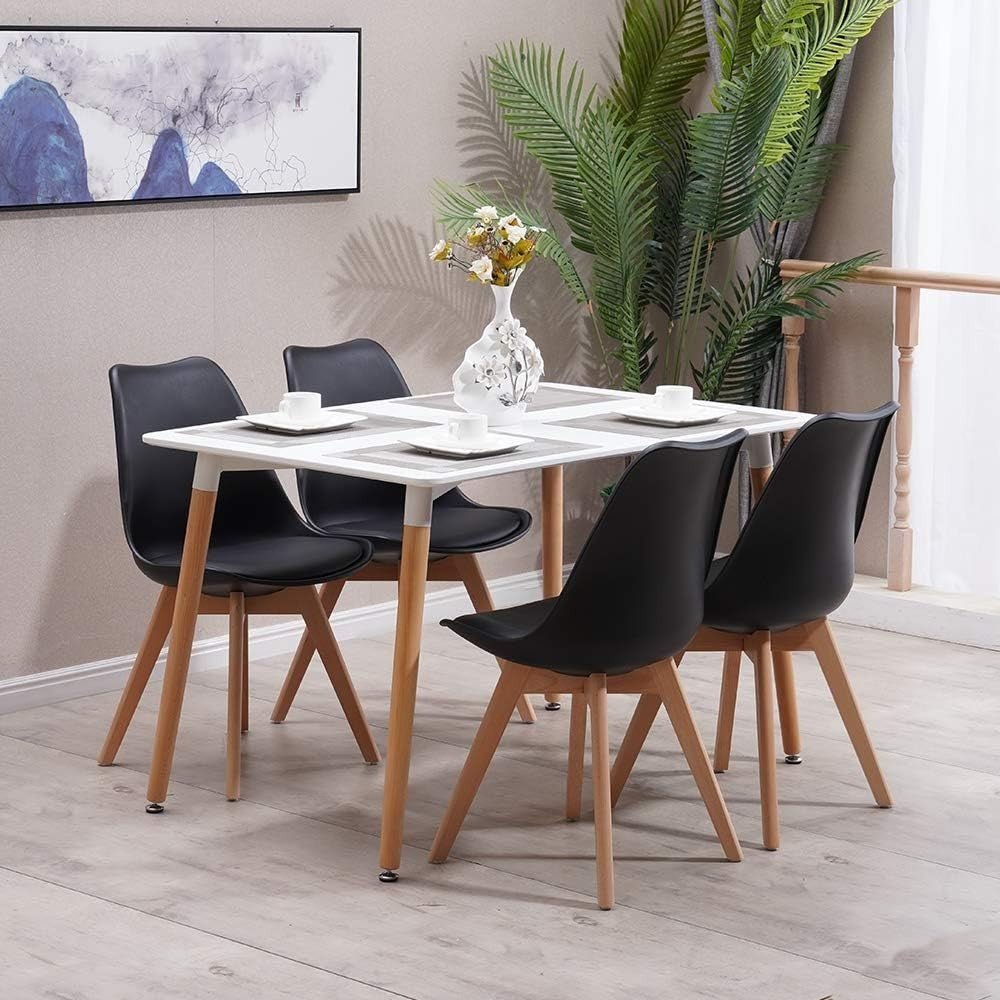 Modern 4-Seater Dining Table Set PU Leather Chairs Solid Wood Legs 120cm