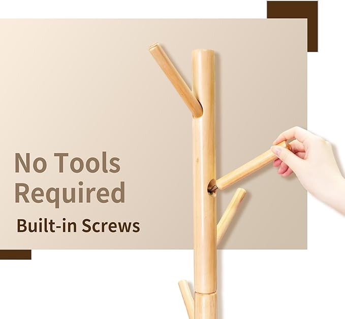 Bamboo Coat Rack Freestanding with 8 Hooks | Wooden Hall Tree Stand for Entryway
