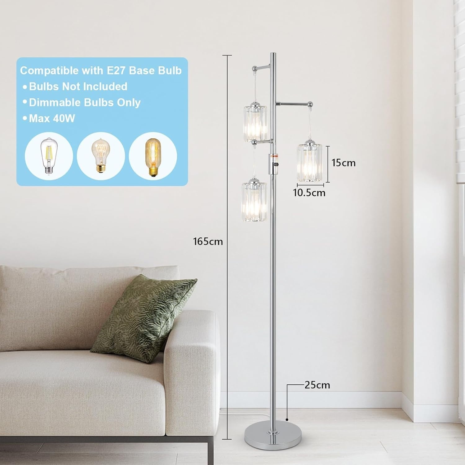 Dimmable 3-Light Floor Lamp Chrome Crystal Shades LED Compatible Tall Lamp