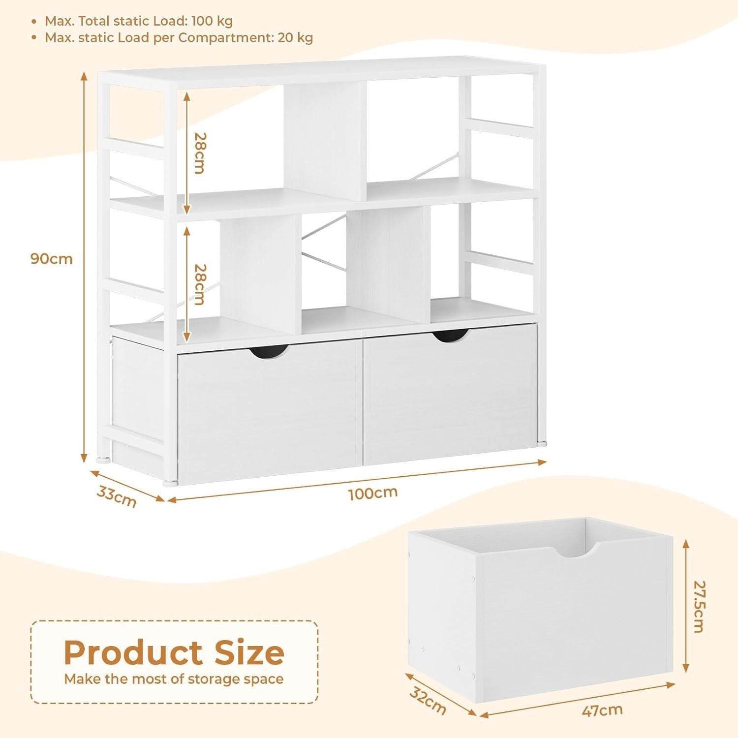 4 Tier White Bookcase with 2 Drawers Modern Storage Shelf for Living Room White
