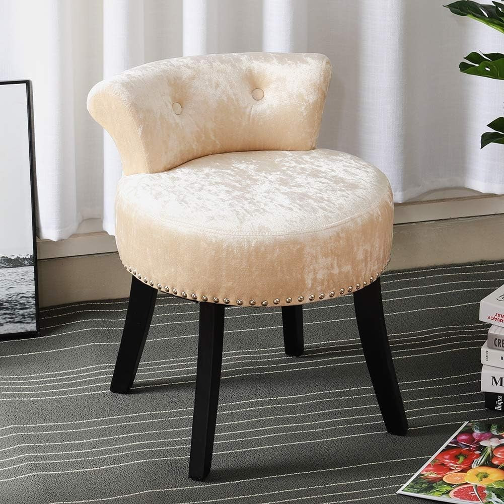Champagne Velvet Low Back Dressing Table Stool with Wood Legs Footstool