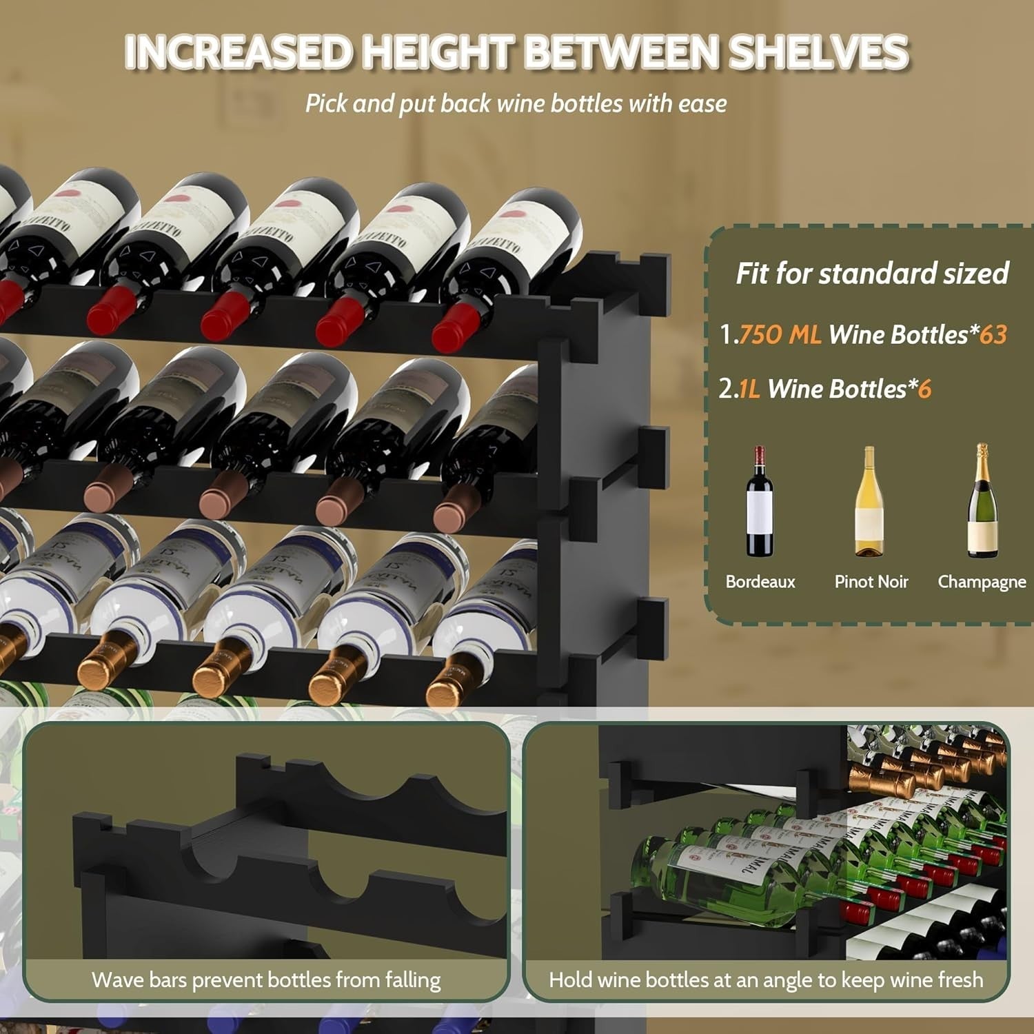 69 Bottle Wine Rack Floor Standing Black Bamboo 8-Tier Stackable Storage Shelf