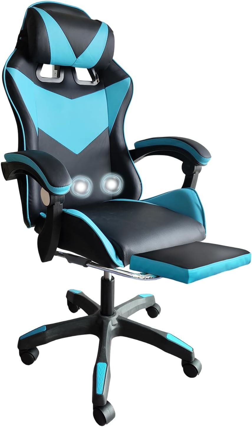 Yesuitme Gaming Chair with Footrest, Massage & Lumbar Support Black+blue