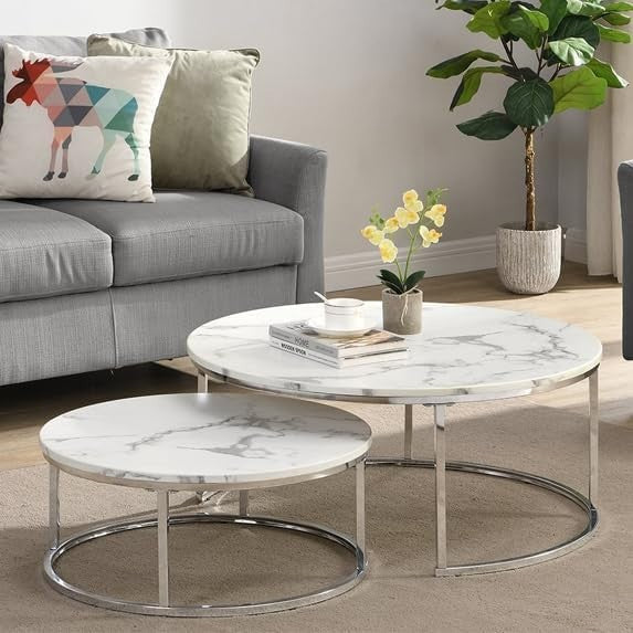 Round Marble Nesting Coffee Table Set 2 Art Deco White Chrome Modern Side Tables