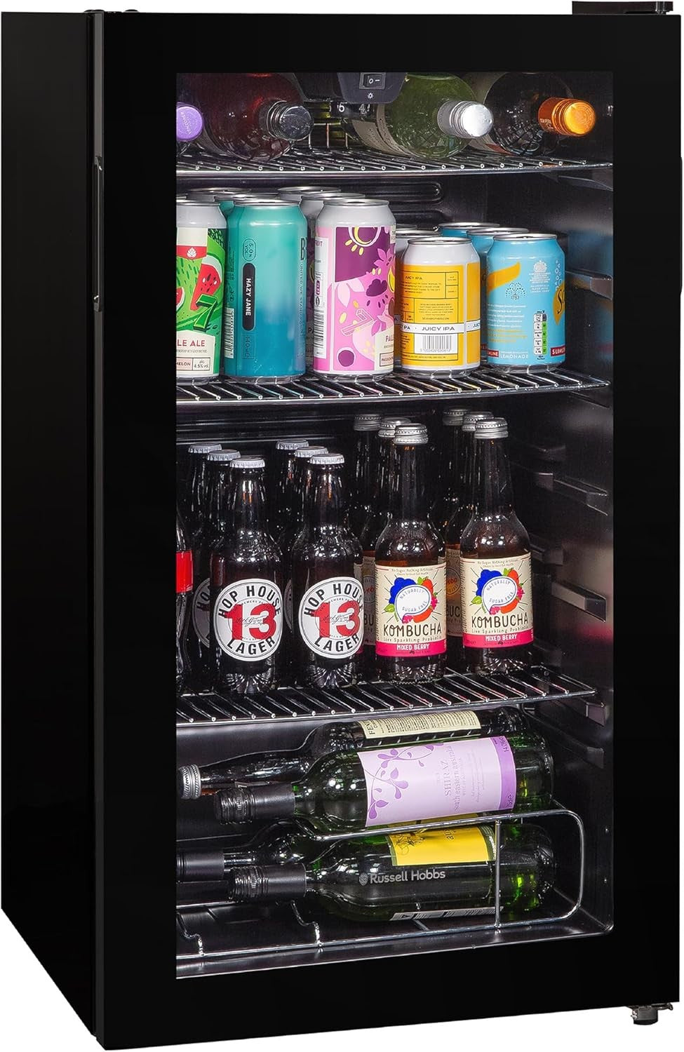 Under Counter Drinks Fridge Glass Door LED Beverage Cooler 93L 48 Can Black
