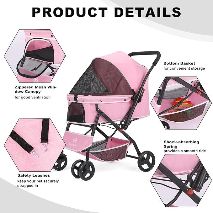 Pink Pet Stroller Foldable Dog Cat Pram 360° Wheels Lightweight Travel Buggy