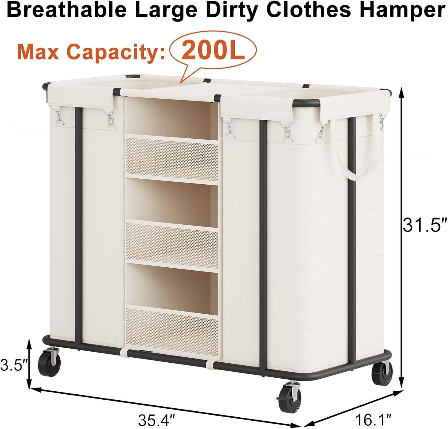 200L Rolling Laundry Sorter 2 Section Cart with Shelves & Hanging Bags Beige