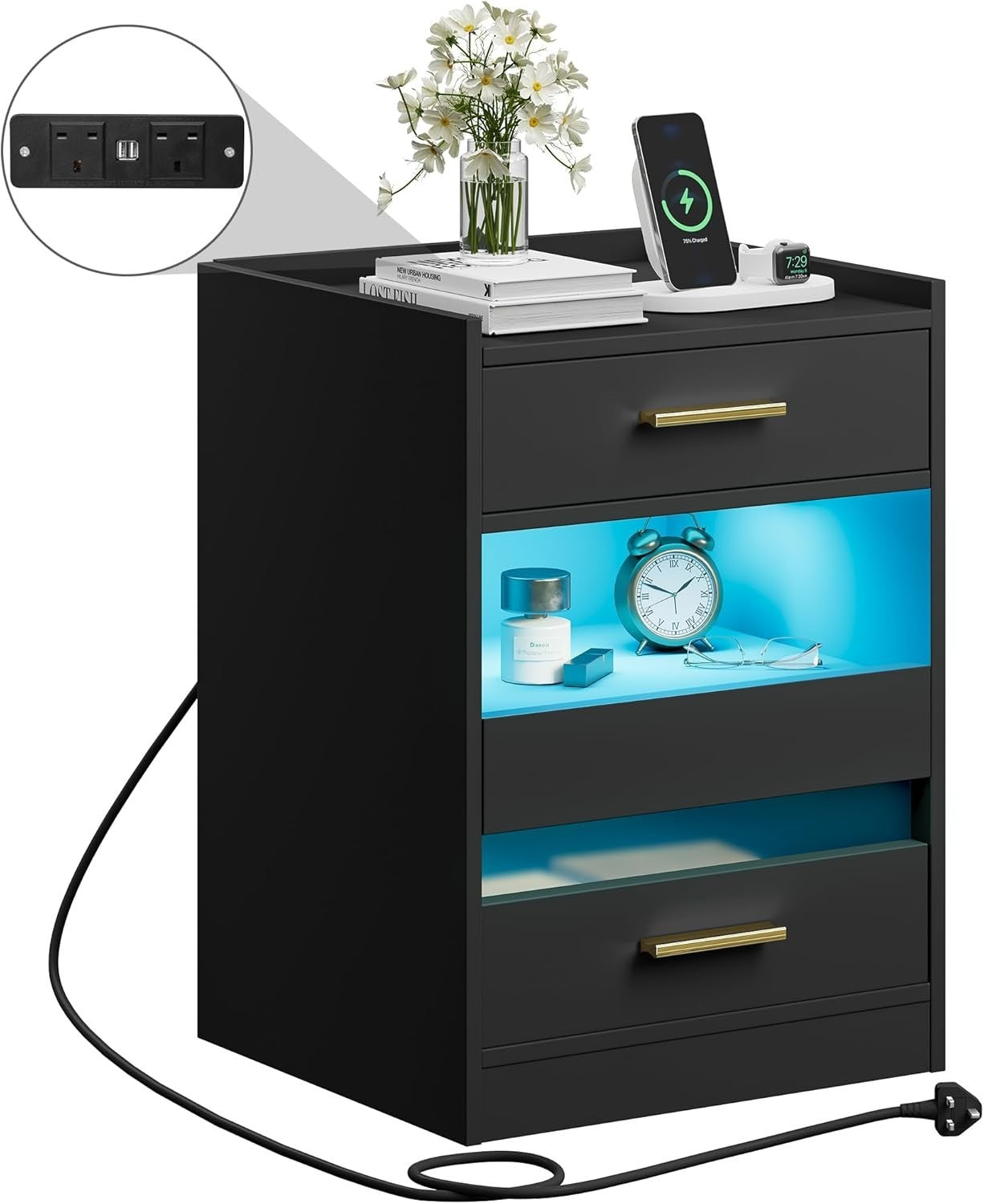 Modern Black LED Bedside Table with 2 Drawers & Tempered Glass