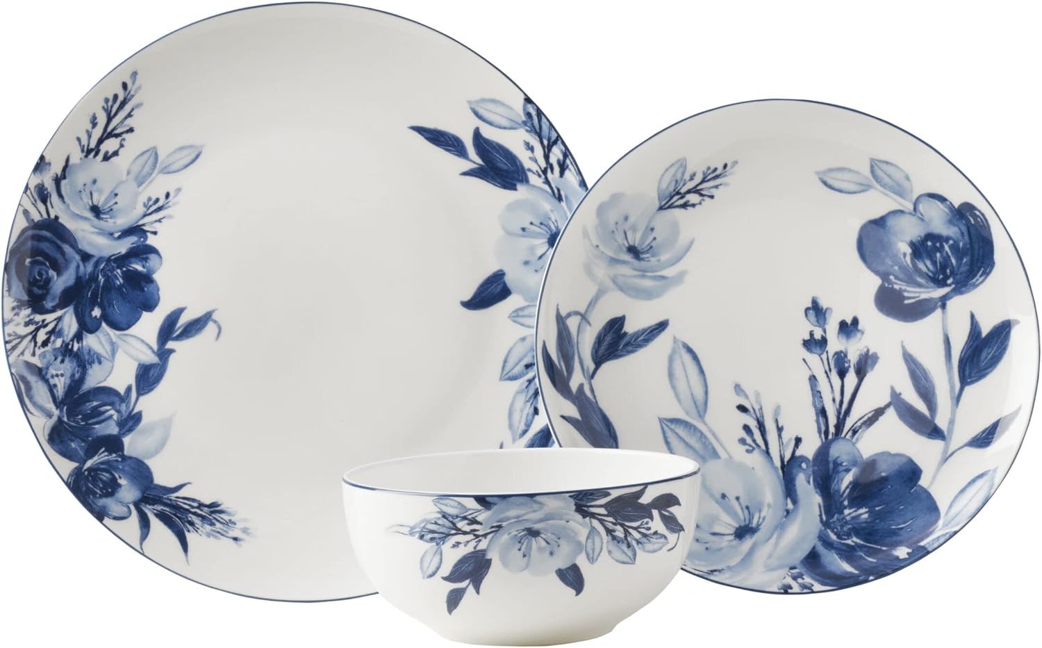 12pc Bone China Dinner Set Blue White Floral Plates Bowls Service for 4