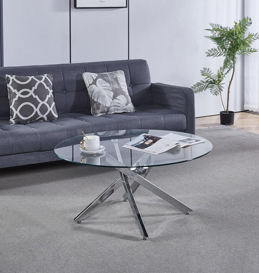 Modern Round Glass Coffee Table with Chrome Legs – Compact 90x43cm
